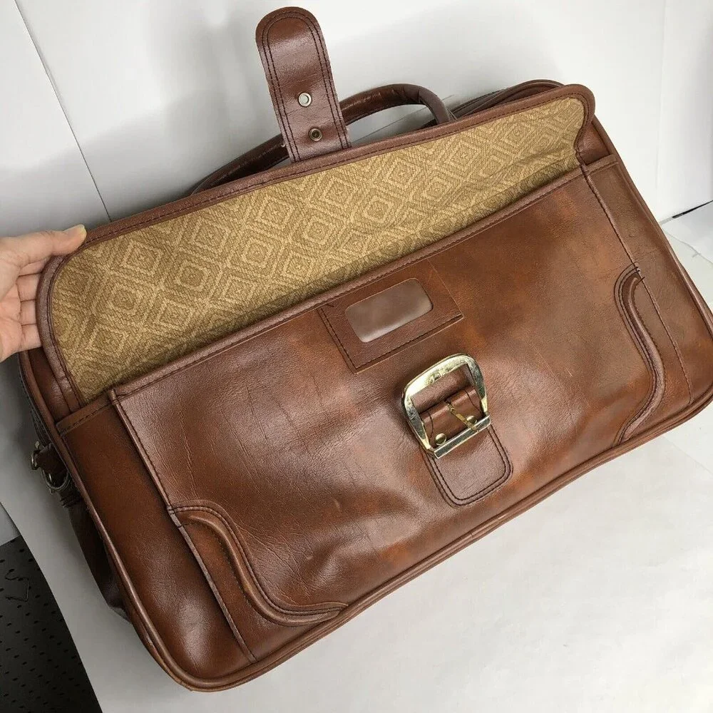 Vintage Sears Briefcase Carry-on Brown Travel Bag Luggage Faux Leather 21”x12.5”